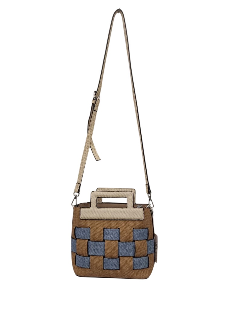 Bolso doble cruzado para chica en combinación bicolor y monocolor, con asas cortas, cremallera central y asa larga desmontable