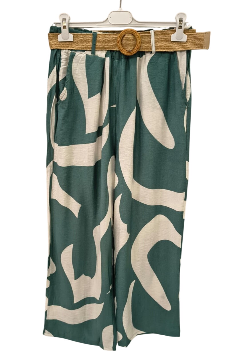 Pantalón flojo estampado de verano para chica, corte fluido, tejido ligero en tonos vivos, con cintura elástica y diseño llam