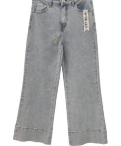 Vaquero wideleg beis para chica, pernera ancha, tiro alto, flores claras bordadas en el delantero, tejido denim con algodón y