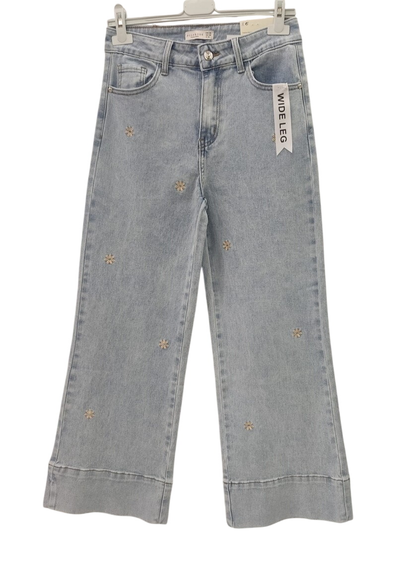 Vaquero wideleg beis para chica, pernera ancha, tiro alto, flores claras bordadas en el delantero, tejido denim con algodón y