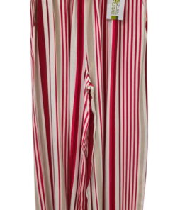 Pantalón ancho para chica de rayas verticales en tonos crudos y marrón, tejido 100% viscosa, tiro alto y cinturón camel de la