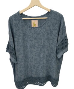 Blusa blanca de chica con relieve y detalle de puntilla en mangas y cuello, tejido ligero de viscosa y nylon, acabado en gasa