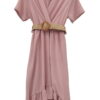 Vestido cruzado midi para chica en color beige, manga corta, bajo con volante y cinturón de rafia incluido, tejido ligero y 5
