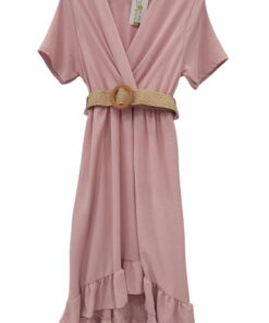 Vestido cruzado midi para chica en color beige, manga corta, bajo con volante y cinturón de rafia incluido, tejido ligero y 5