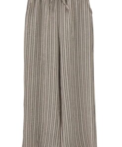 Pantalón flojo de chica en tejido fino con rayas verticales blancas y fondo oscuro, cintura elástica y corte amplio, estilo l