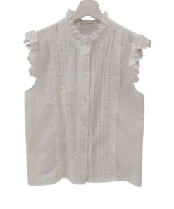 Blusa blanca sin mangas para chica, con cuello mao con volante, bandas de encaje ornamental y volantes amplios con bordado en