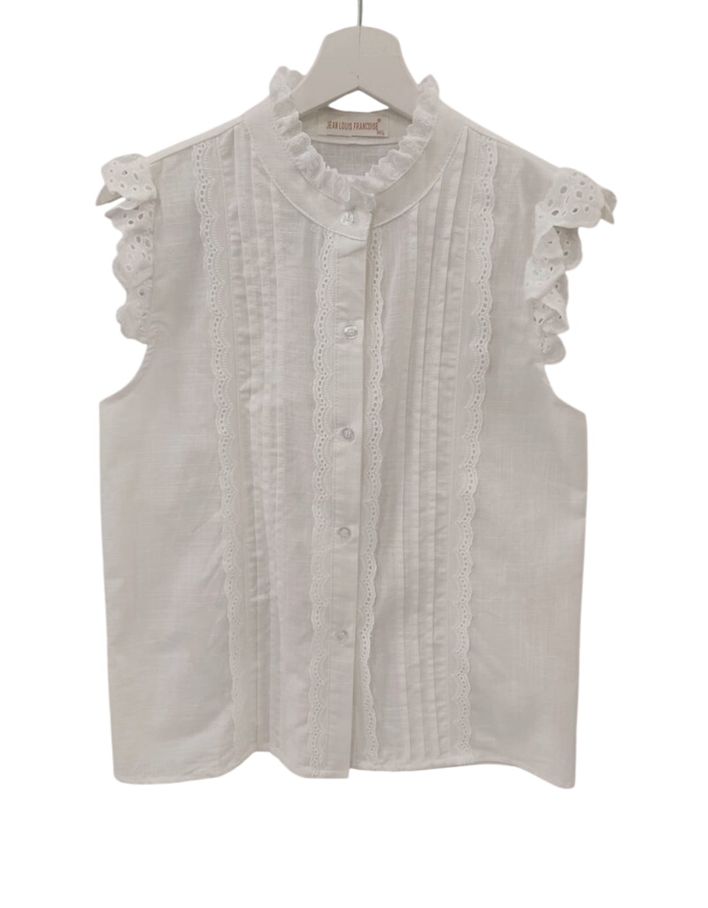 Blusa blanca sin mangas para chica, con cuello mao con volante, bandas de encaje ornamental y volantes amplios con bordado en