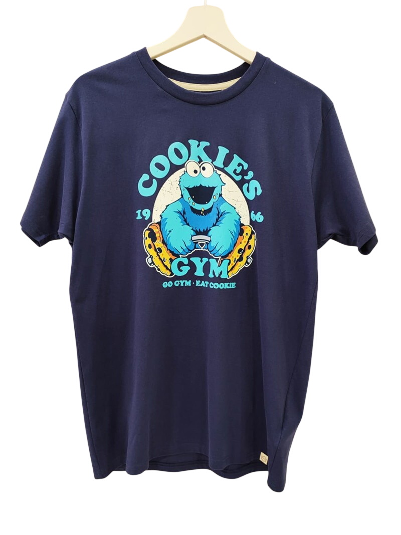 Camiseta de manga corta azul marino para chico, cuello redondo, algodón suave y gráfico frontal Cookie's Gym con galleta