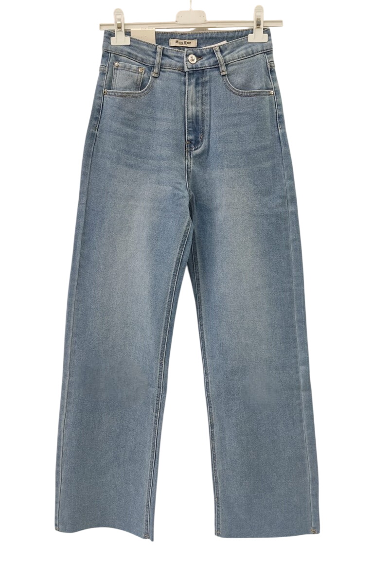 Pantalón vaquero claro de mezcla denim para chica, corte recto, cintura alta, cinco bolsillos y efecto desgastado frontal