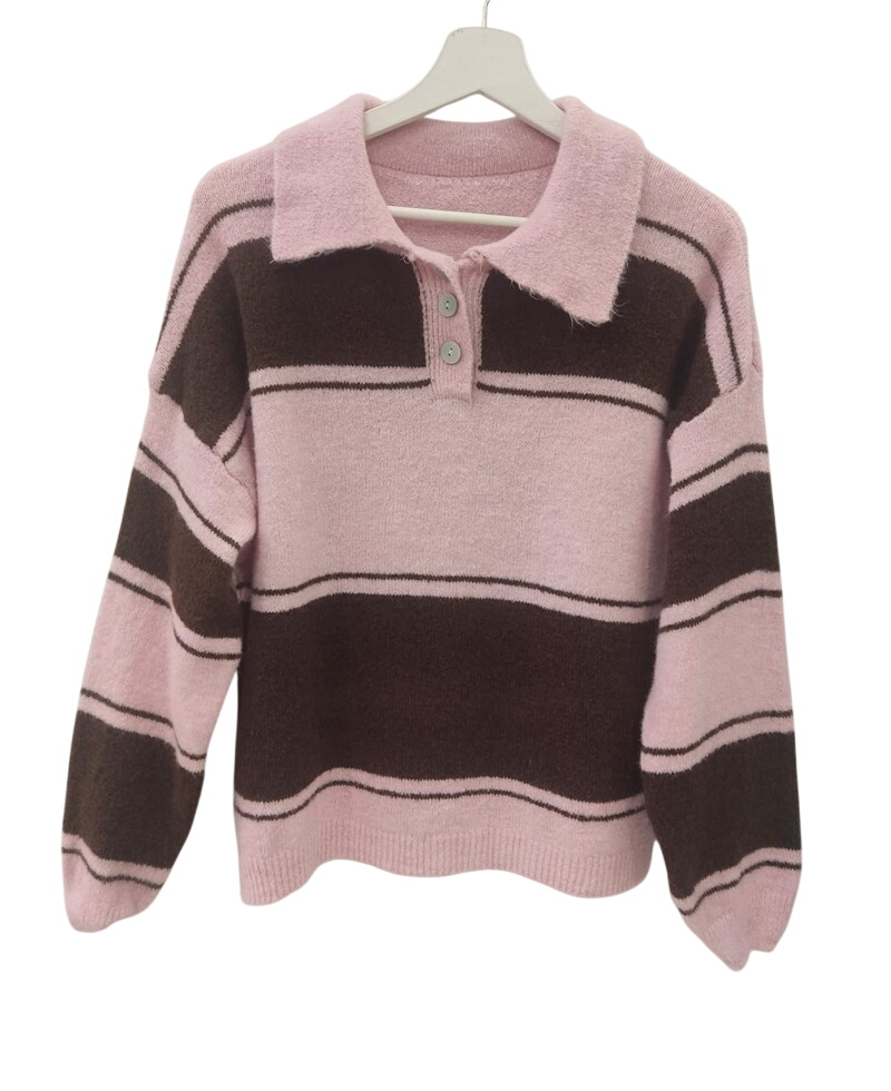 Jersey polo de rayas horizontales en tonos rosa pastel y marrón chocolate para chica, cuello con botones y corte holgado, prÁ