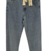 Pantalón vaquero de chico azul claro corte recto con cordón blanco en cintura, ajuste holgado, bolsillos y efecto desgastado