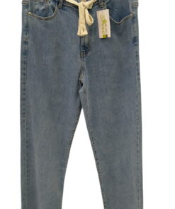 Pantalón vaquero de chico azul claro corte recto con cordón blanco en cintura, ajuste holgado, bolsillos y efecto desgastado