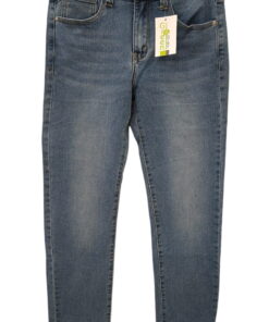 Pantalón vaquero de chico recto en azul denim medio, efecto desgastado frontal, cinco bolsillos y cierre de botón metálico