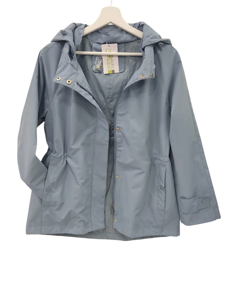 Parka impermeable de chica en azul grisáceo, con capucha ajustable, bolsillos de parche y cierre de cremallera metálica, para