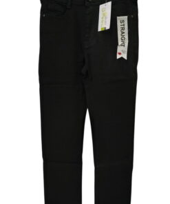 Pantalón vaquero negro de corte recto para chica, tejido denim rígido, cinco bolsillos visibles, talle medio y cierre frontal