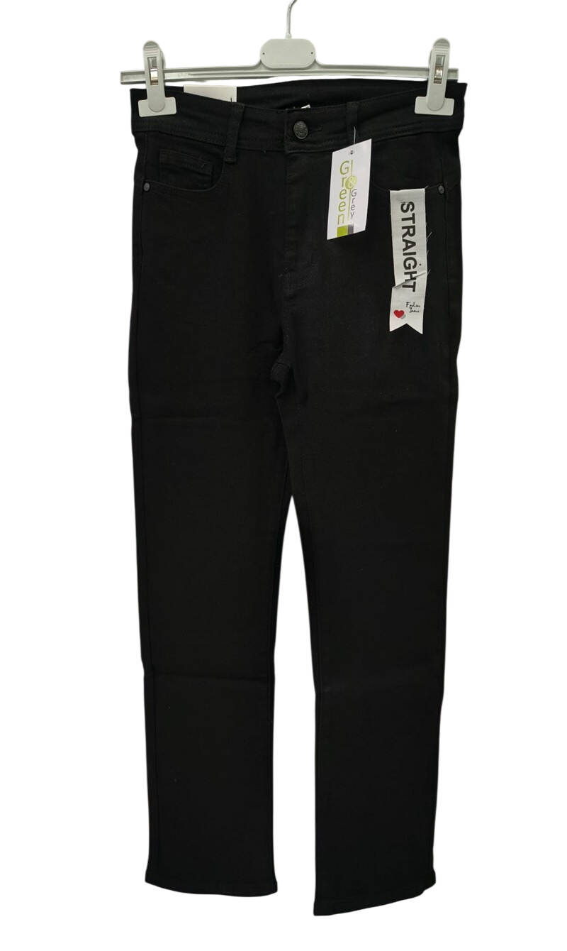 Pantalón vaquero negro de corte recto para chica, tejido denim rígido, cinco bolsillos visibles, talle medio y cierre frontal