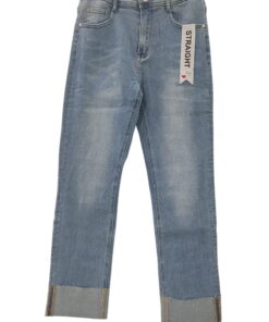 Pantalón vaquero recto azul claro para chica, corte straight, dobladillo ancho en bajo deshilachado y efecto desteñido, cinco