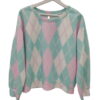 Sudadera holgada de punto suave para chica con estampado geométrico de rombos argyle en rosa pastel, azul celeste y blanco, y