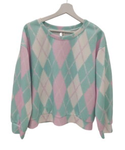 Sudadera holgada de punto suave para chica con estampado geométrico de rombos argyle en rosa pastel, azul celeste y blanco, y