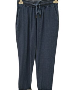 Pantalón flojo de mezclilla ligera azul oscuro para chica, cinturilla elástica con cordón ajustable y bajo doblado visible