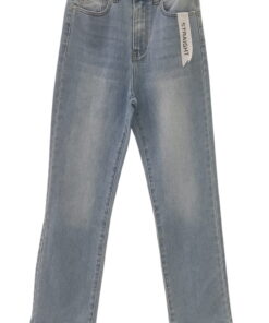 Pantalón vaquero de corte recto para chica en azul denim claro, talle medio, cinco bolsillos y zonas ligeramente deslavadas