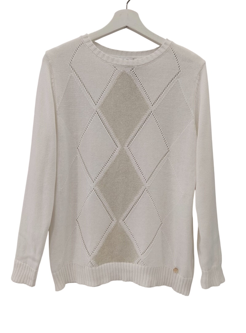 Jersey de manga larga para chica en color blanco crudo, punto fino con patrón calado de rombos, cuello redondo, ajuste recto