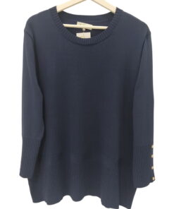 Jersey azul oscuro de punto fino para chica, ajuste holgado, cuello redondo acanalado, puños y bajo ribeteados, con tres 3 3
