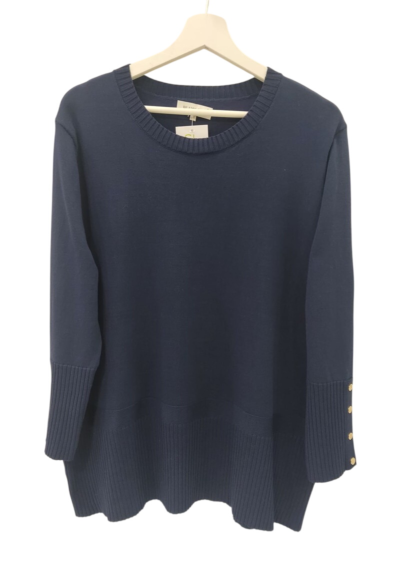 Jersey azul oscuro de punto fino para chica, ajuste holgado, cuello redondo acanalado, puños y bajo ribeteados, con tres 3 3