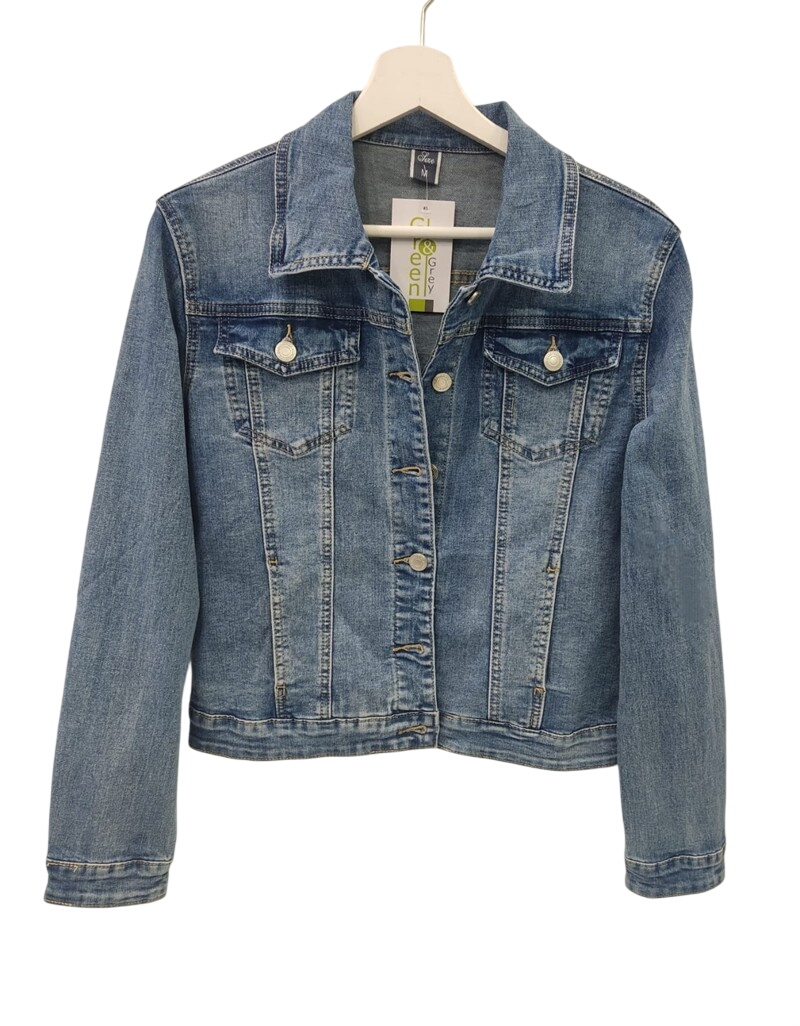 Chaqueta vaquera azul medio de corte recto para chica, denim efecto lavado, cuello camisero, botones metálicos y bolsillos de
