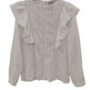 Blusa blanca de manga larga para chica con encaje decorativo, volantes en hombros, textura de topos y corte suelto en algodón