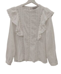 Blusa blanca de manga larga para chica con encaje decorativo, volantes en hombros, textura de topos y corte suelto en algodón