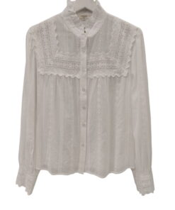 Blusa blanca de manga larga y corte holgado para chica, tejido ligero, bordado broderie anglaise frontal y mangas, escote con
