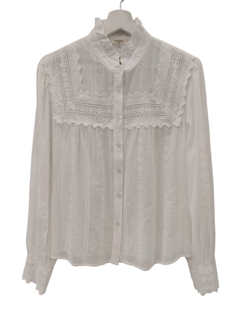 Blusa blanca de manga larga y corte holgado para chica, tejido ligero, bordado broderie anglaise frontal y mangas, escote con