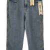 Pantalón vaquero ancho azul para chica, detalle de trenzas laterales en las costuras externas y bajo deshilachado, cierre de