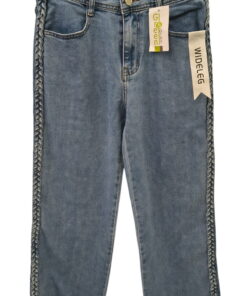 Pantalón vaquero ancho azul para chica, detalle de trenzas laterales en las costuras externas y bajo deshilachado, cierre de