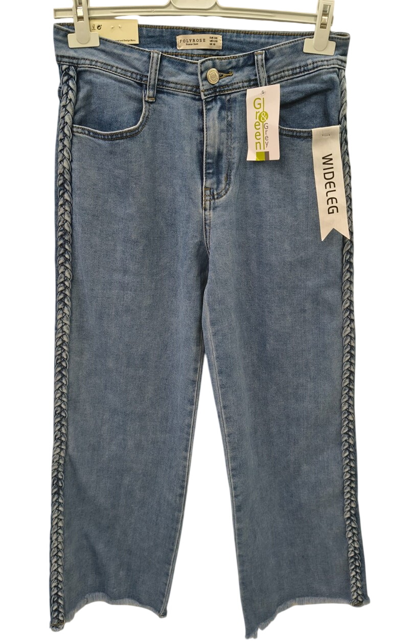 Pantalón vaquero ancho azul para chica, detalle de trenzas laterales en las costuras externas y bajo deshilachado, cierre de