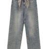 Pantalón vaquero straight fit azul claro de chica, corte recto, cintura alta, con cinturón de gasa estampado y acabados limpl