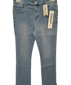 Pantalón vaquero straight para chica en tono azul claro desgastado, corte recto, cinco bolsillos y cintura media con cierre y