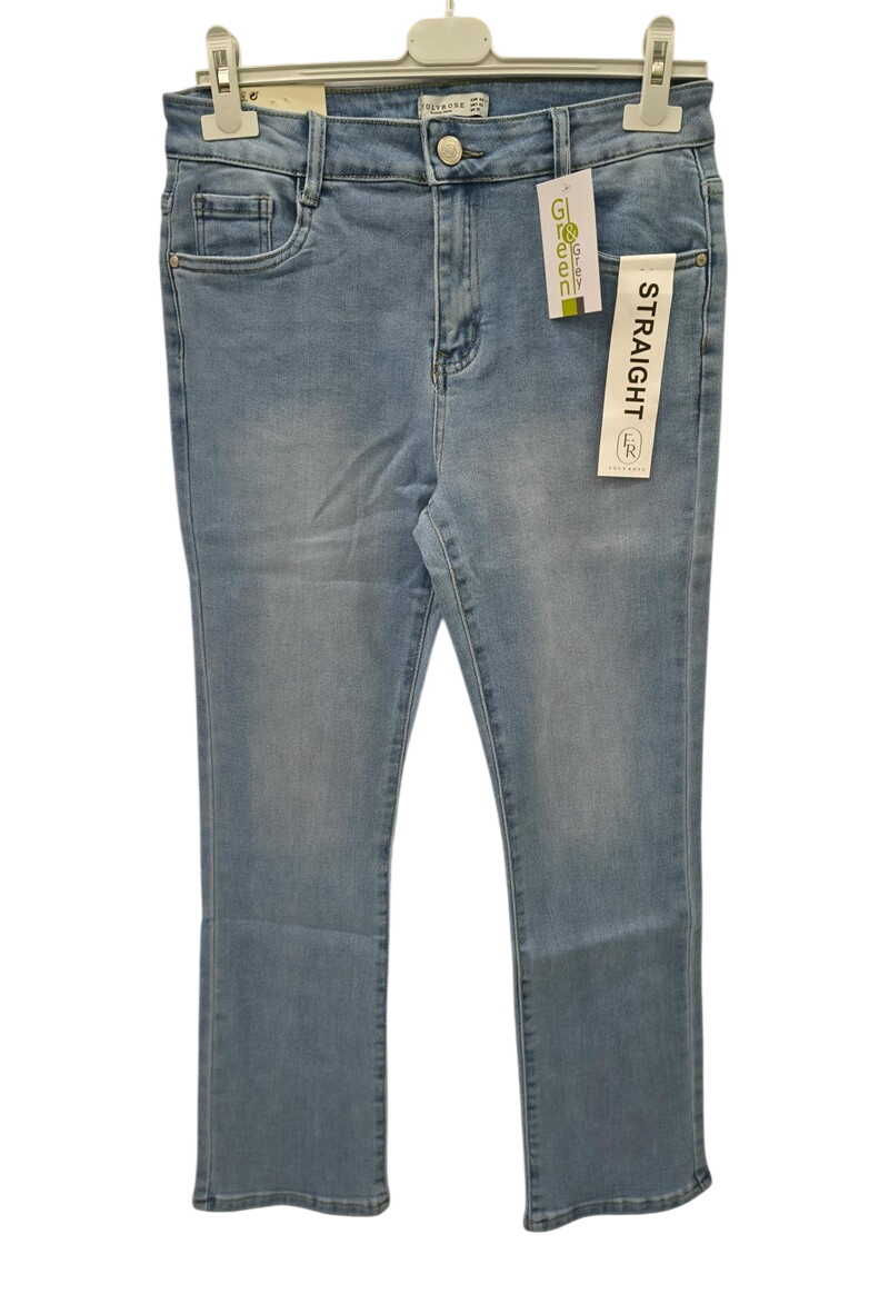 Pantalón vaquero straight para chica en tono azul claro desgastado, corte recto, cinco bolsillos y cintura media con cierre y