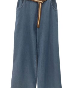Pantalón denim flojo azul medio para chica, corte holgado hasta el suelo, cinturón de soga trenzada marrón y beige, bolsillos
