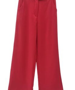 Pantalón ancho de chica en color rojo vibrante, cintura alta con cinturilla ancha y dos botones decorativos, bolsillos inclin