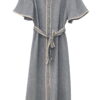 Vestido midi de lino gris azulado para chica, cuello camisero, ribete ondulado crema, cinturón a juego y botones frontales