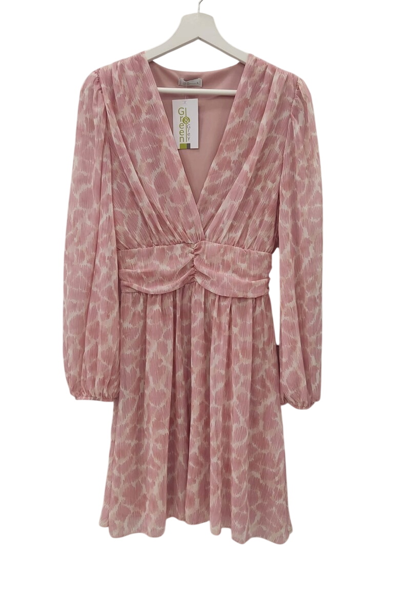 Vestido corto de gasa estampado en tonos rosa y blanco, manga larga abullonada, escote en V cruzado y cintura elástica drapea