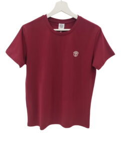 Camiseta de manga corta burdeos para chico, corte recto en algodón suave con cuello redondo y pequeño emblema bordado blanco