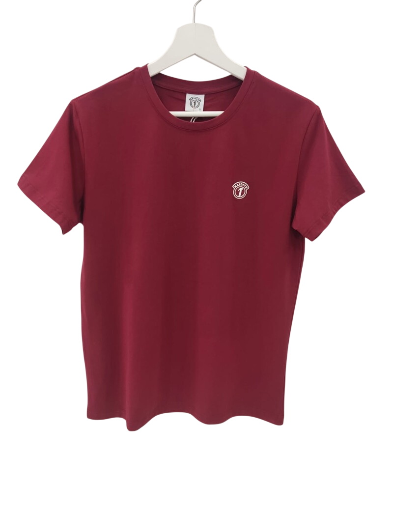 Camiseta de manga corta burdeos para chico, corte recto en algodón suave con cuello redondo y pequeño emblema bordado blanco