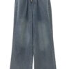 Pantalón ancho denim azul medio para chica con cintura elástica fruncida, cordón marrón ajustable y bolsillos delanteros, per