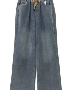 Pantalón ancho denim azul medio para chica con cintura elástica fruncida, cordón marrón ajustable y bolsillos delanteros, per