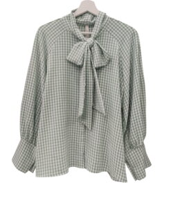 Blusa de manga larga en cuadros verde menta y blanco para chica, tejido ligero de popelina, cuello con lazo ajustable y puños