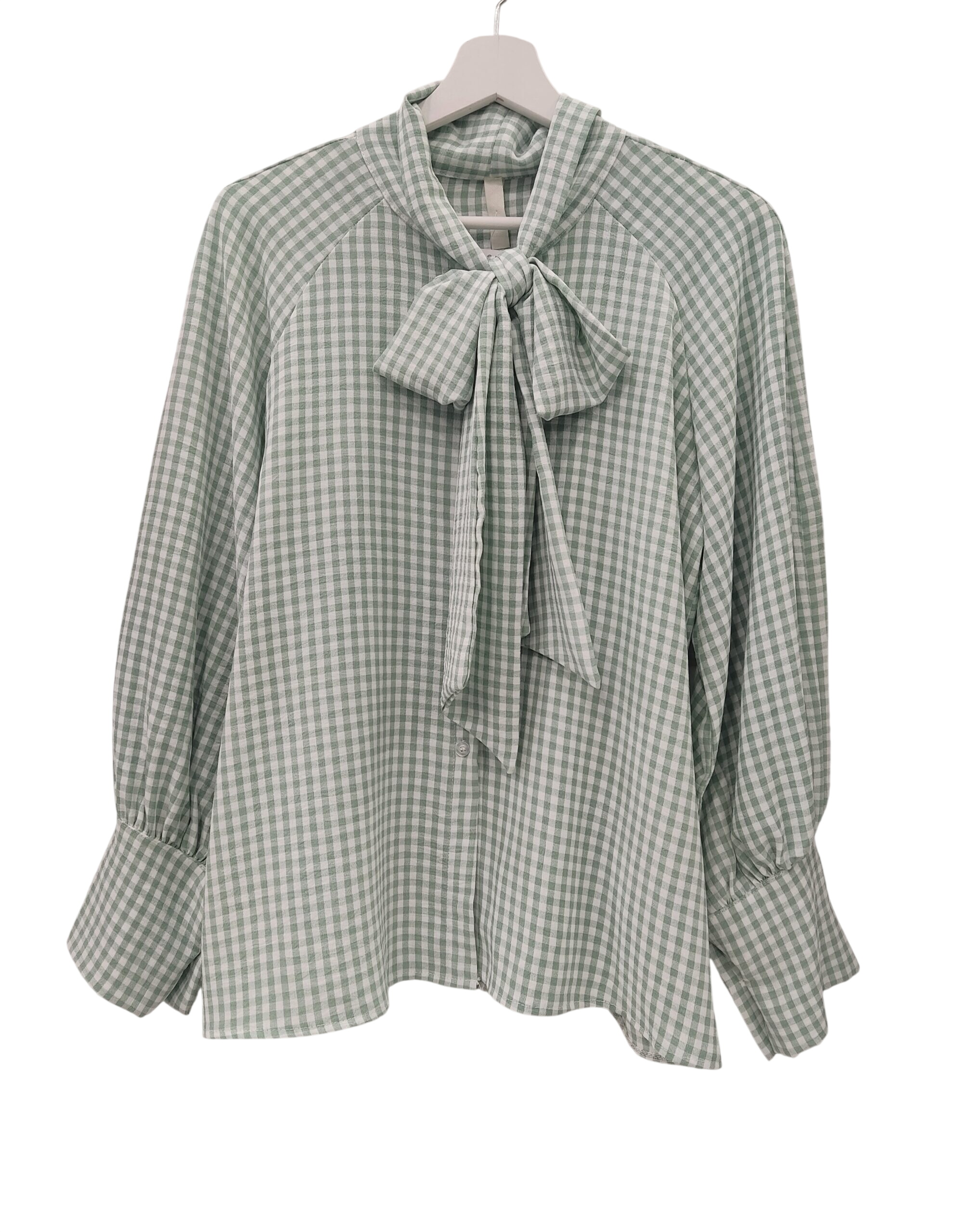 Blusa de manga larga en cuadros verde menta y blanco para chica, tejido ligero de popelina, cuello con lazo ajustable y puños