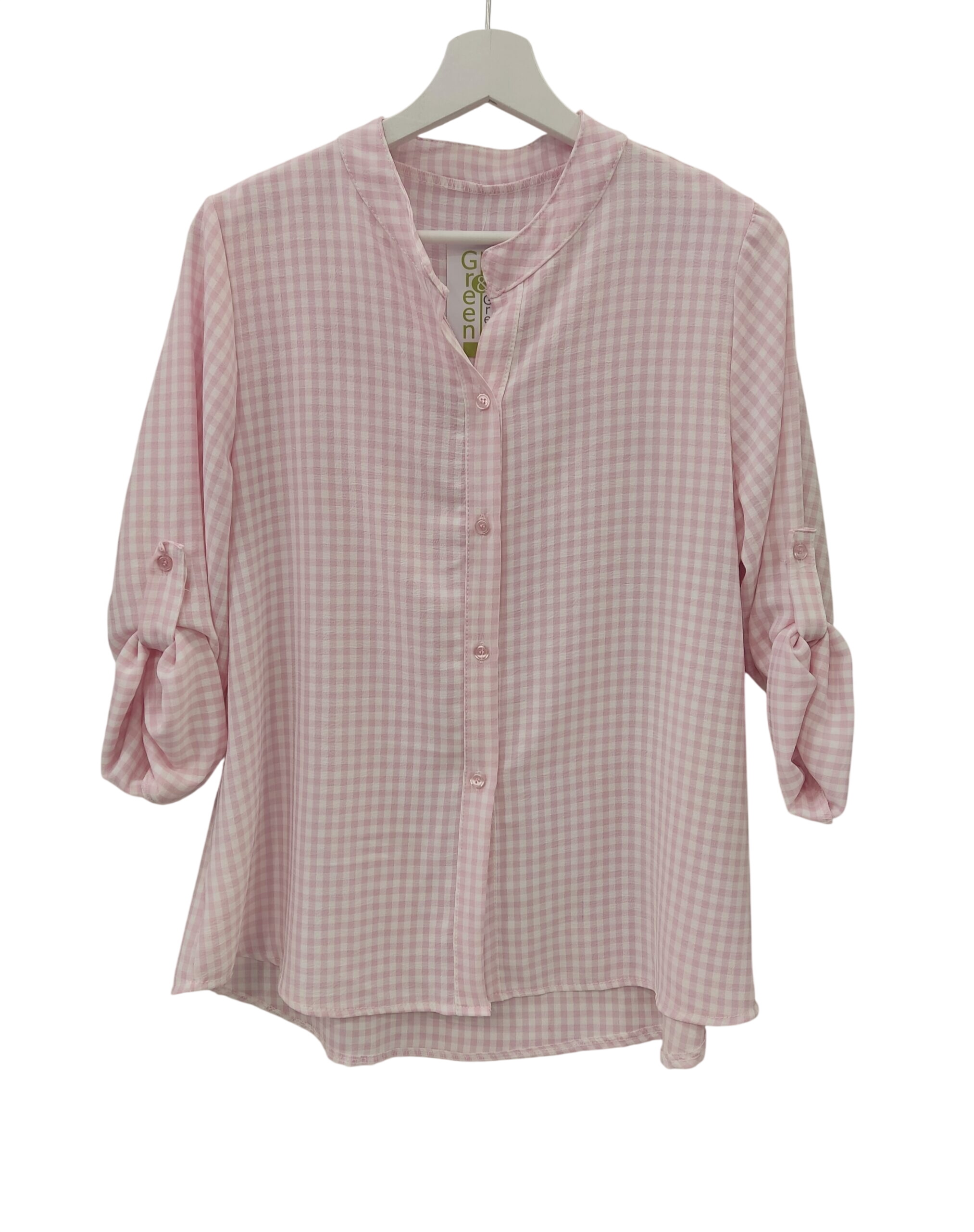 Camisa de cuadros pequeños en rosa claro y blanco para chica, manga larga recogida, cuello mao y corte holgado, con bajo asim